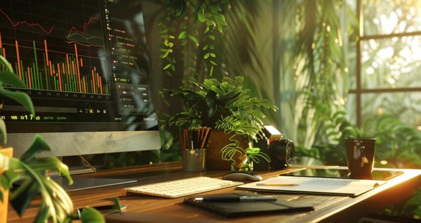 a serene, sunlit room filled with lush green plants and a polished wooden desk, featuring an open notebook and a computer displaying graphs and charts, symbolizing clarity and growth in no-loss investment planning.